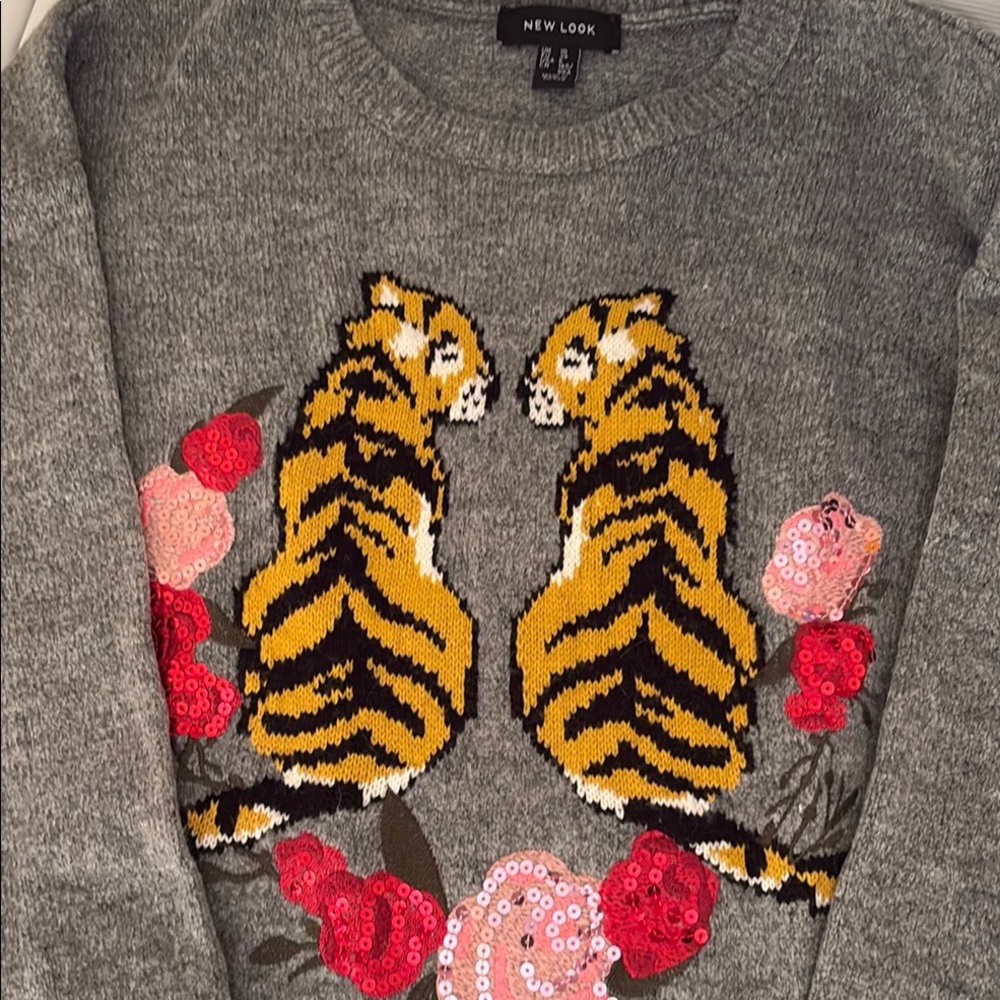 New Look Gray and Yellow Crew Neck Sweater with Tiger Motif